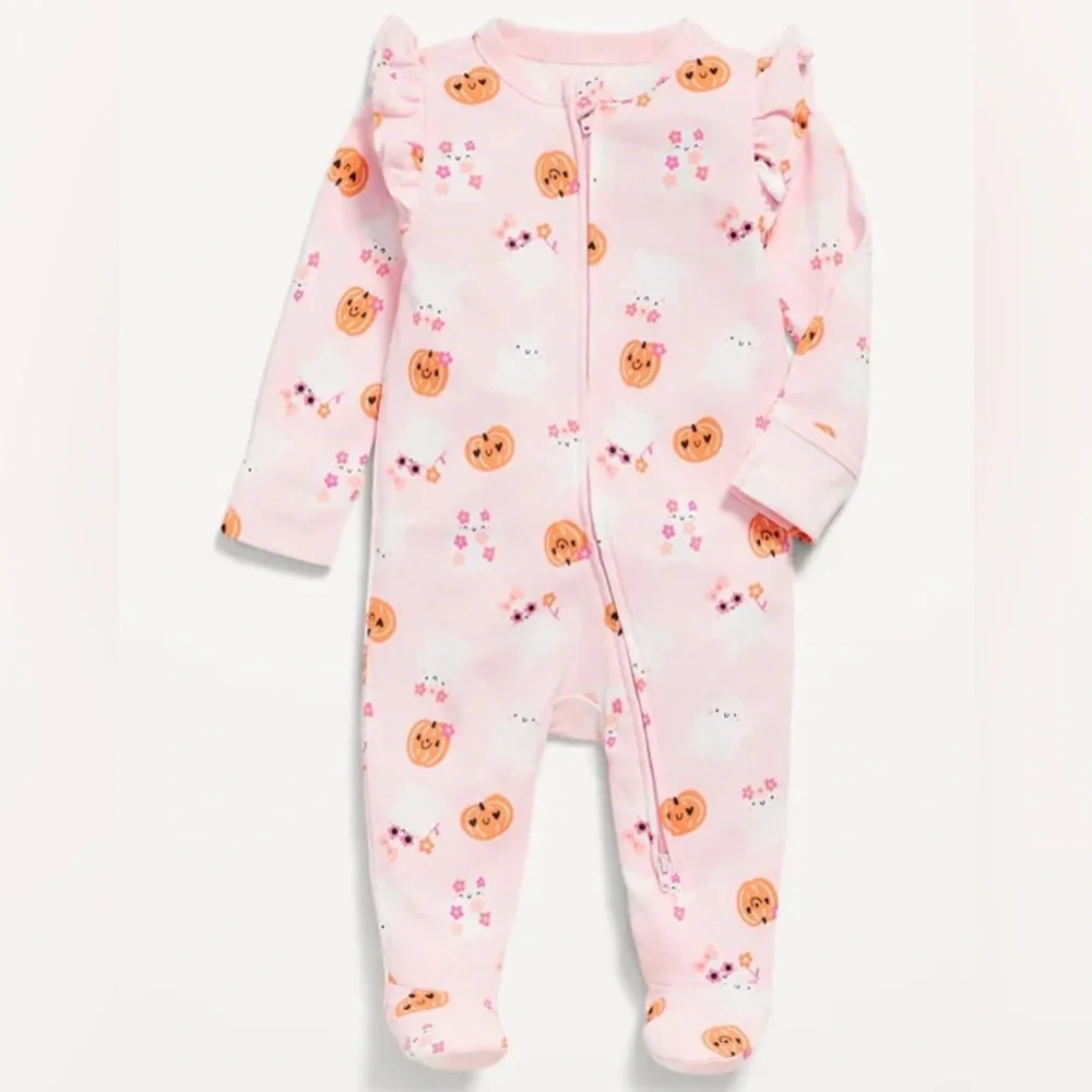 Old Navy Baby Girl Halloween Ghost & Pumpkin 2-Way Zip Footed Sleeper 3–6M